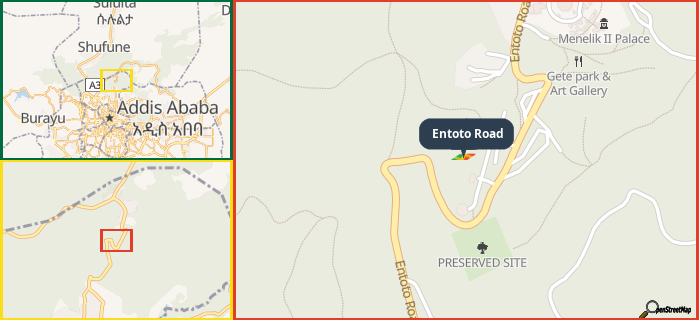 Map showing the address of Entoto Road in three different zoom levels.