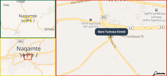 Map showing the address of Baro Tumssa Street in three different zoom levels.