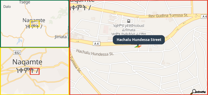 Map showing the address of Hachalu Hundessa Street in three different zoom levels.