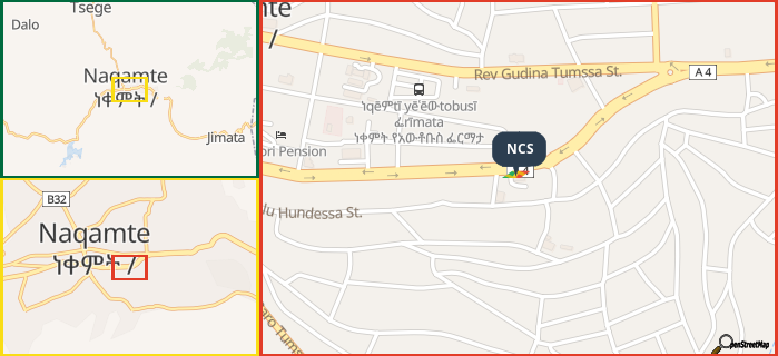 Map showing the address of NCS in three different zoom levels.