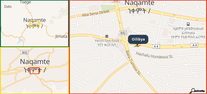 Map showing the address of Oilibya in three different zoom levels.