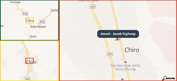 Map showing the address of Awash - Assab highway in three different zoom levels.