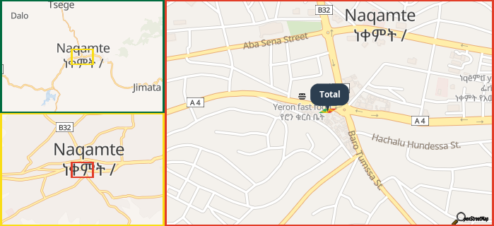 Map showing the address of Total in three different zoom levels.