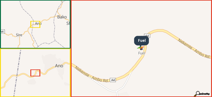 Map showing the address of Fuel in three different zoom levels.