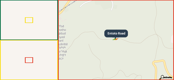 Map showing the address of Entoto Road in three different zoom levels.