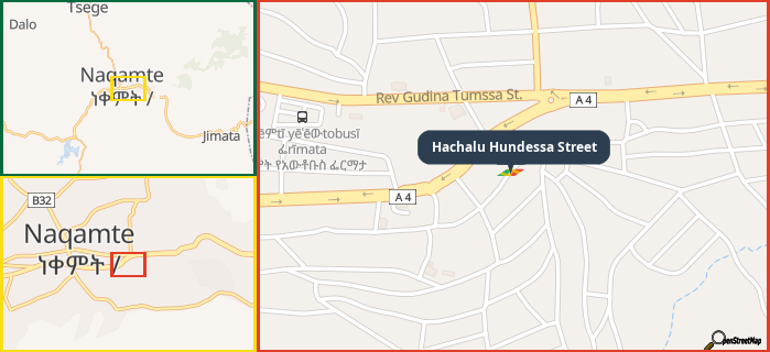 Map showing the address of Hachalu Hundessa Street in three different zoom levels.