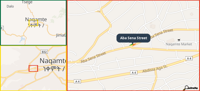 Map showing the address of Aba Sena Street in three different zoom levels.