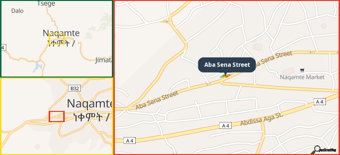 Map showing the address of Aba Sena Street in three different zoom levels.