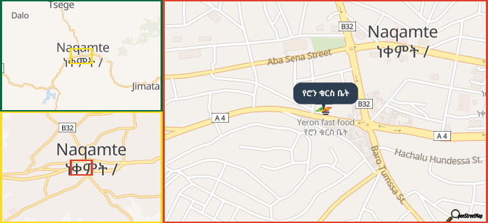 Map showing the address of የሮን ቁርስ ቤት in three different zoom levels.