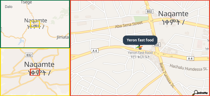 Map showing the address of Yeron fast food in three different zoom levels.