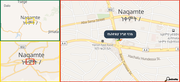 Map showing the address of የእትዮጵያ ንግድ ባንክ in three different zoom levels.