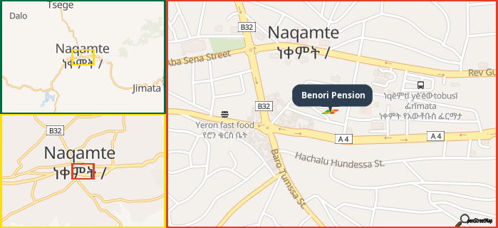Map showing the address of Benori Pension in three different zoom levels.