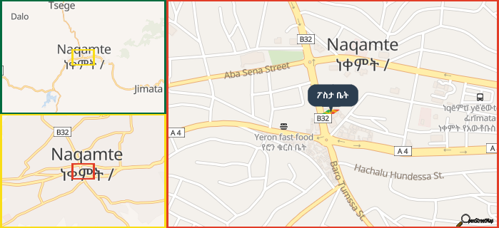 Map showing the address of ፖስታ ቤት in three different zoom levels.