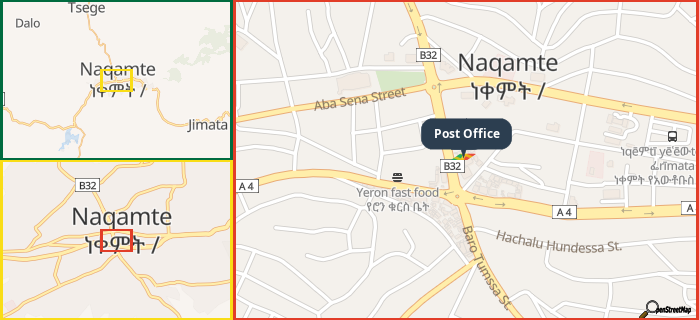 Map showing the address of Post Office in three different zoom levels.