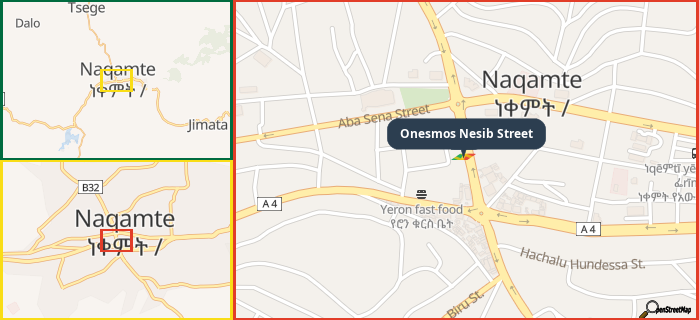 Map showing the address of Onesmos Nesib Street in three different zoom levels.