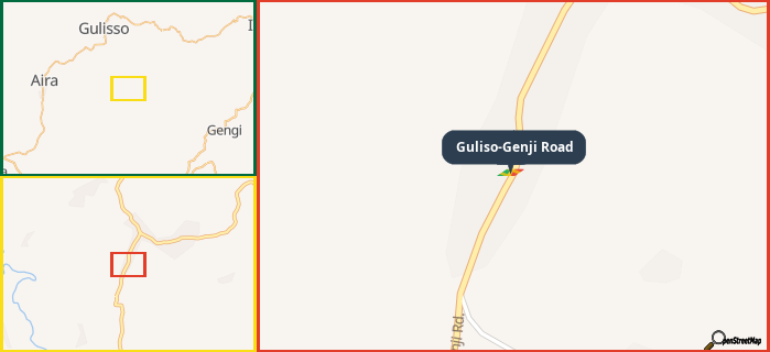 Map showing the address of Guliso-Genji Road in three different zoom levels.