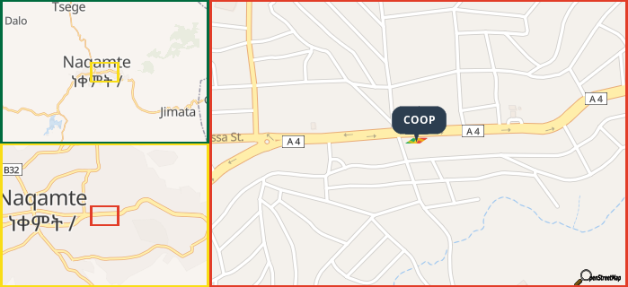 Map showing the address of COOP in three different zoom levels.