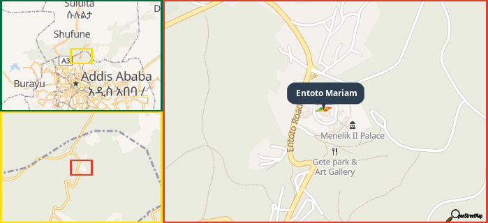 Map showing the address of Entoto Mariam in three different zoom levels.