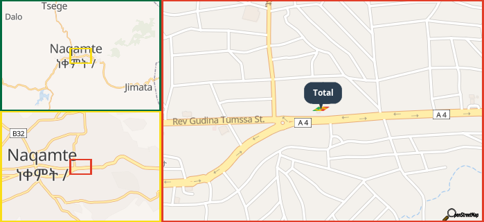 Map showing the address of Total in three different zoom levels.