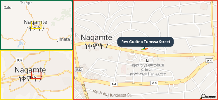 Map showing the address of Rev Gudina Tumssa Street in three different zoom levels.