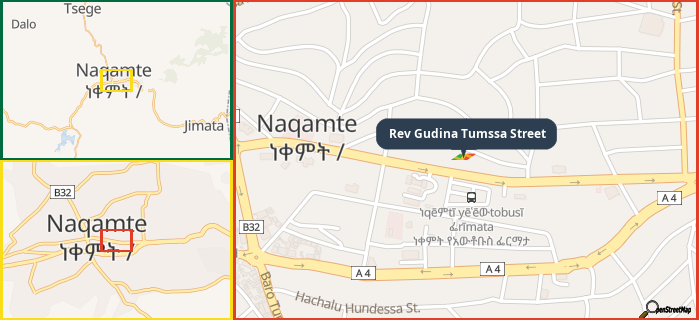 Map showing the address of Rev Gudina Tumssa Street in three different zoom levels.