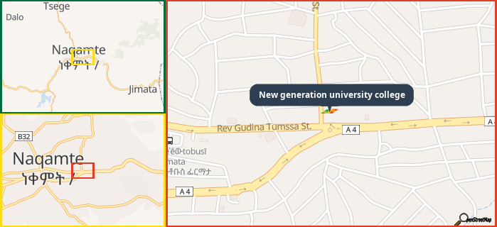 Map showing the address of New generation university college in three different zoom levels.