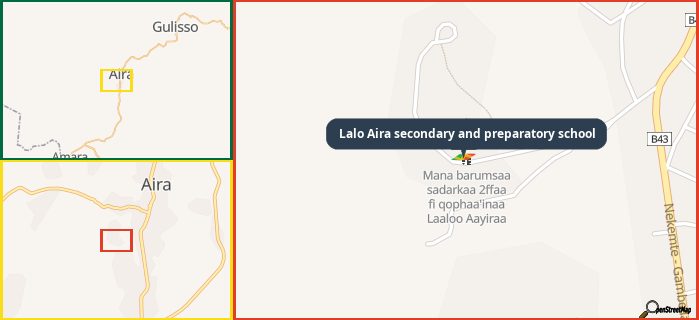 Map showing the address of Lalo Aira secondary and preparatory school in three different zoom levels.
