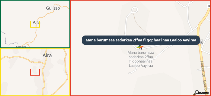 Map showing the address of Mana barumsaa sadarkaa 2ffaa fi qophaa'inaa Laaloo Aayiraa in three different zoom levels.