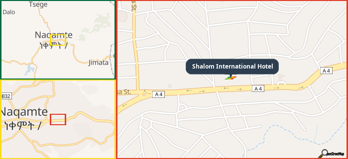 Map showing the address of Shalom International Hotel in three different zoom levels.