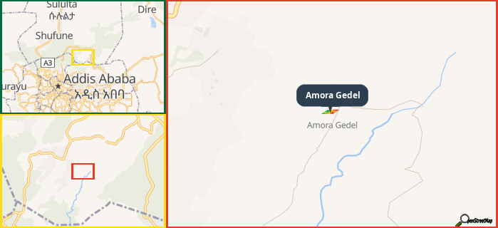 Map showing the address of Amora Gedel in three different zoom levels.