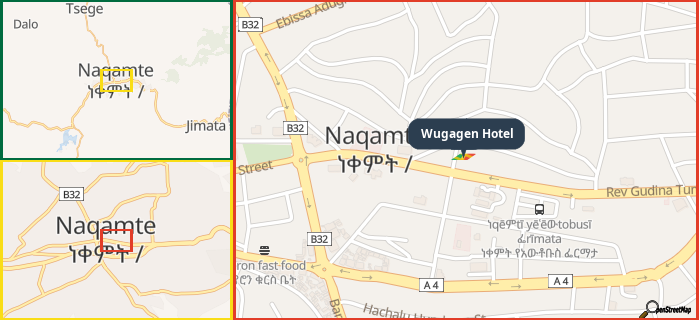Map showing the address of Wugagen Hotel in three different zoom levels.