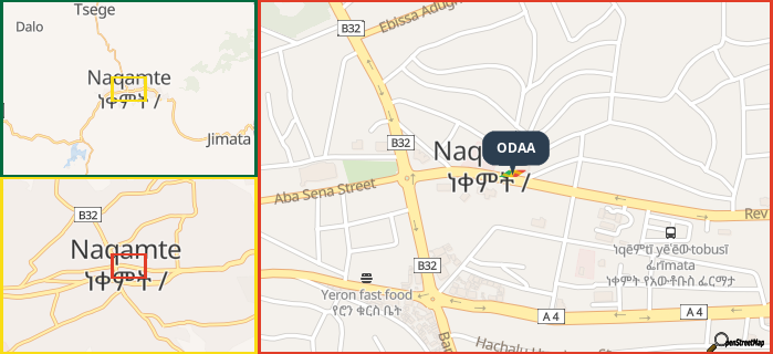 Map showing the address of ODAA in three different zoom levels.