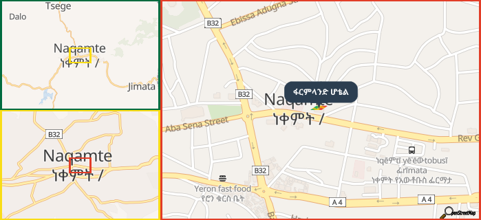 Map showing the address of ፋርምላንድ ሆቴል in three different zoom levels.