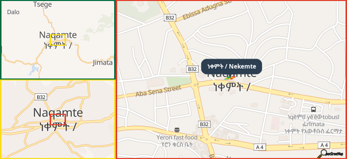Map showing the address of ነቀምት / Nekemte in three different zoom levels.