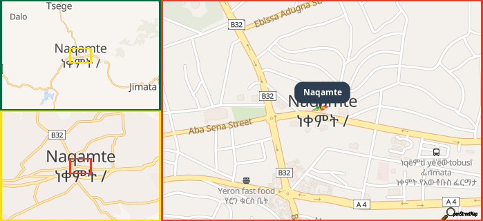 Map showing the address of Naqamte in three different zoom levels.