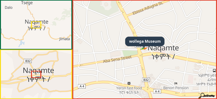 Map showing the address of wollega Museum in three different zoom levels.