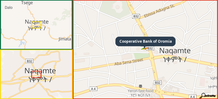 Map showing the address of Cooperative Bank of Oromia in three different zoom levels.