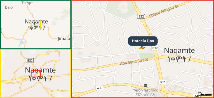 Map showing the address of Hoteela Ijoo in three different zoom levels.