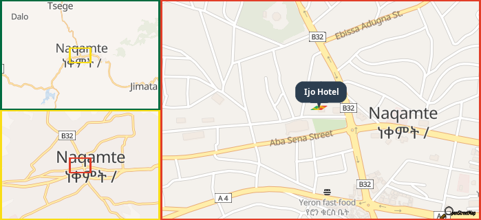 Map showing the address of Ijo Hotel in three different zoom levels.