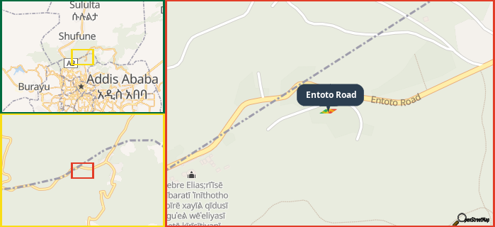 Map showing the address of Entoto Road in three different zoom levels.