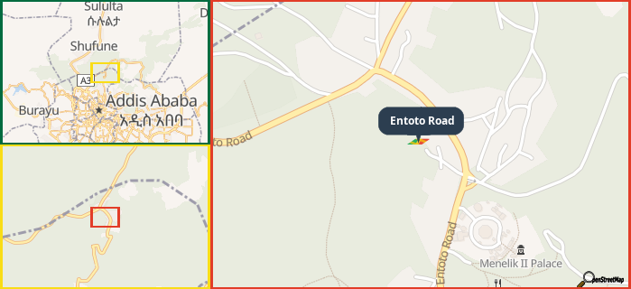 Map showing the address of Entoto Road in three different zoom levels.