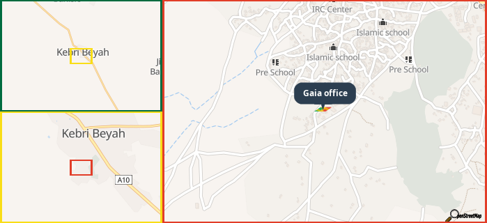 Map showing the address of Gaia office in three different zoom levels.