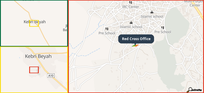 Map showing the address of Red Cross Office in three different zoom levels.