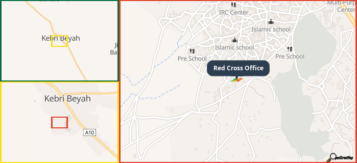 Map showing the address of Red Cross Office in three different zoom levels.
