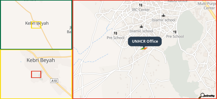 Map showing the address of UNHCR Office in three different zoom levels.