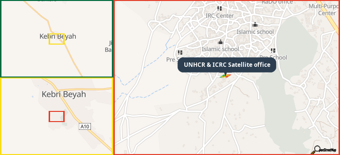 Map showing the address of UNHCR & ICRC Satellite office in three different zoom levels.