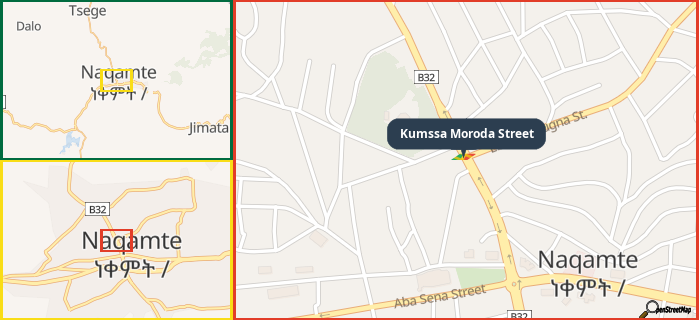 Map showing the address of Kumssa Moroda Street in three different zoom levels.