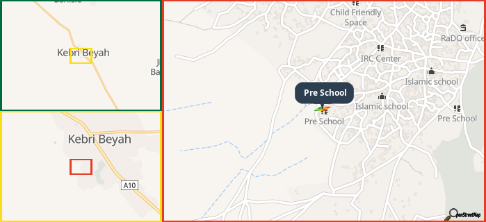 Map showing the address of Pre School in three different zoom levels.
