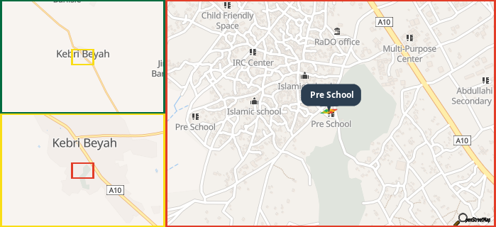 Map showing the address of Pre School in three different zoom levels.