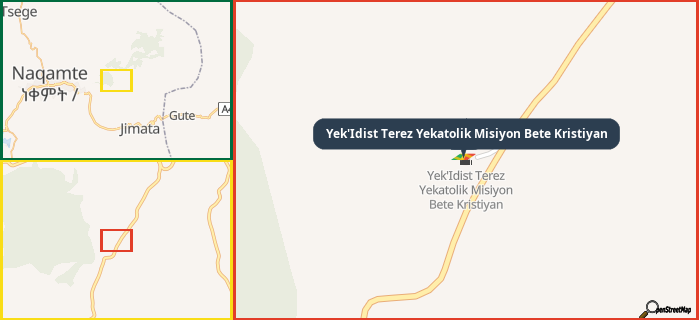 Map showing the address of Yek'Idist Terez Yekatolik Misiyon Bete Kristiyan in three different zoom levels.